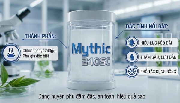Mythic 240SC thuộc nhóm hoạt chất Pyrrole, có hiệu quả cao, không mùi và tồn lưu lâu dài